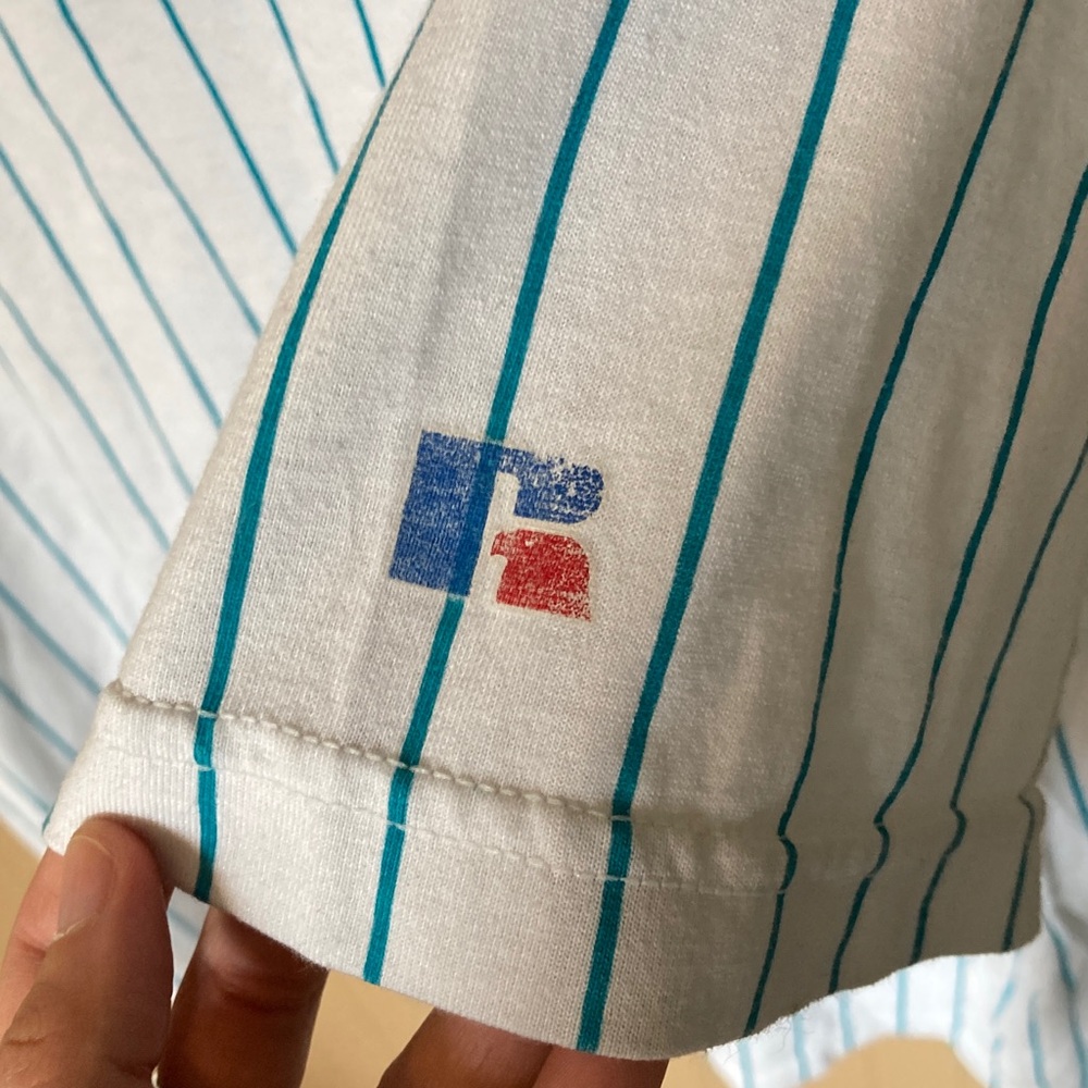 Russell Athletic Vintage Men's White Teal Pinstripe Henley Baseball T-shirt XL - Picture 4 of 4